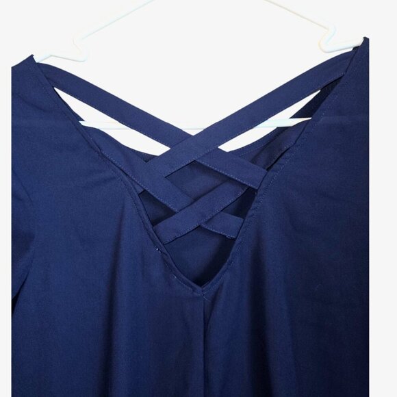 Lily White Blouse Size Medium Navy Blue Chiffon V Neck Dark Fairy Sheer Pocket - Picture 8 of 9